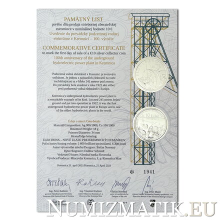 Pamätný list 10 EURO/2021 - Podzemná vodná elektráreň v Kremnici - 100. výročie uvedenia do prevádzky