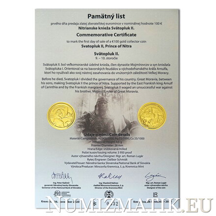 Commemorative Certificate 100 EURO/2020 - Svätopluk II., ruler of Nitra