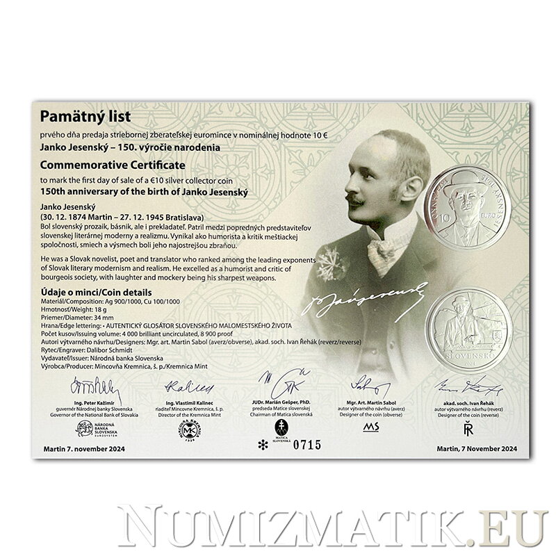 Commemorative Certificate 10 EURO/2024 - 150th anniversary of the birth of Janko Jesenský